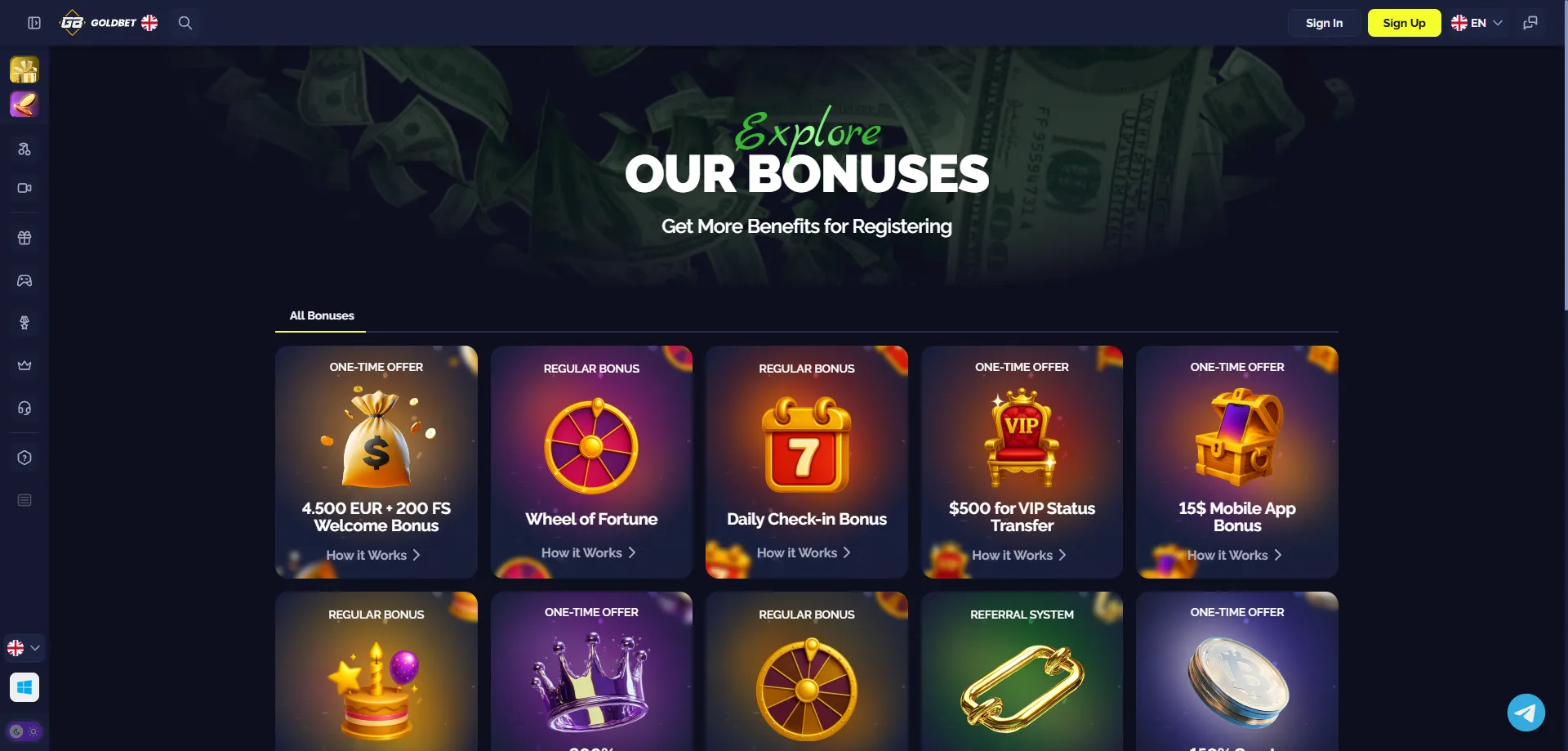 Goldbet Casino 550% welcome bonus up to 415000 INR plus 200 free spins