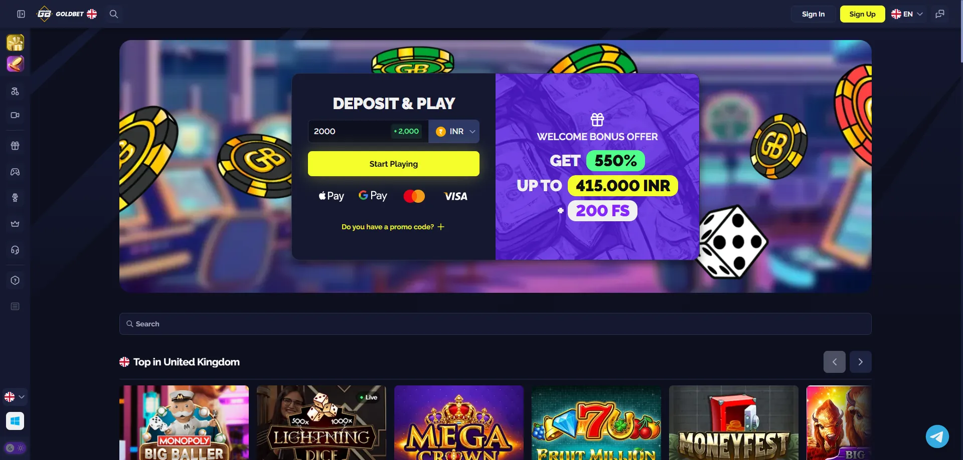 Goldbet Casino India overview &mdash; 550% welcome bonus and fast withdrawals